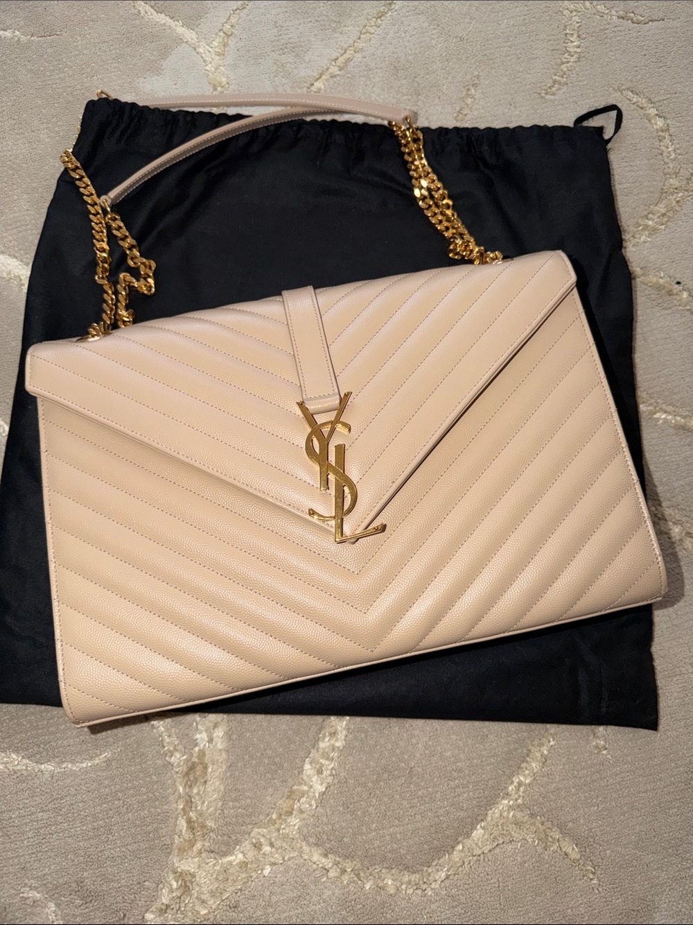 Saint Laurent Cream Quilted Chevron Envelope Shoulder Bag with Gold Hardware